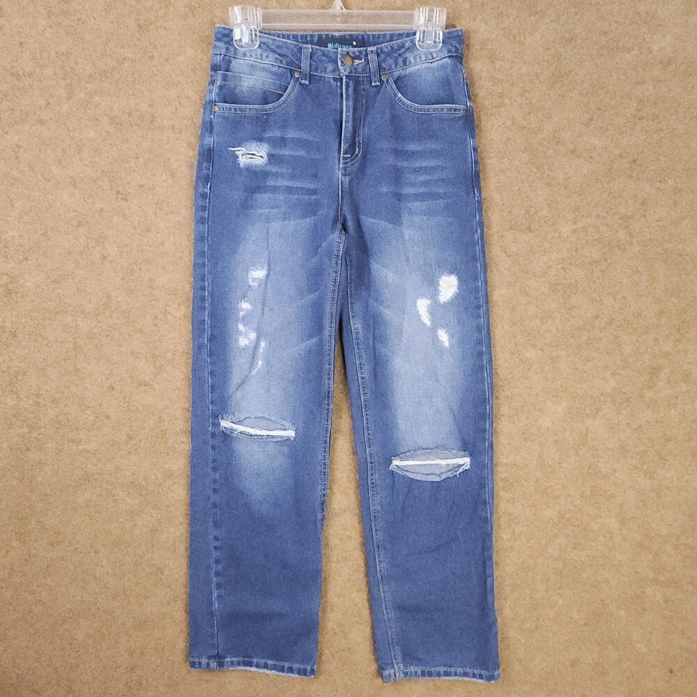 Midiross Woman Mom Jeans Denim Small Distressed Pockets Blue Mid-Rise Whiskering